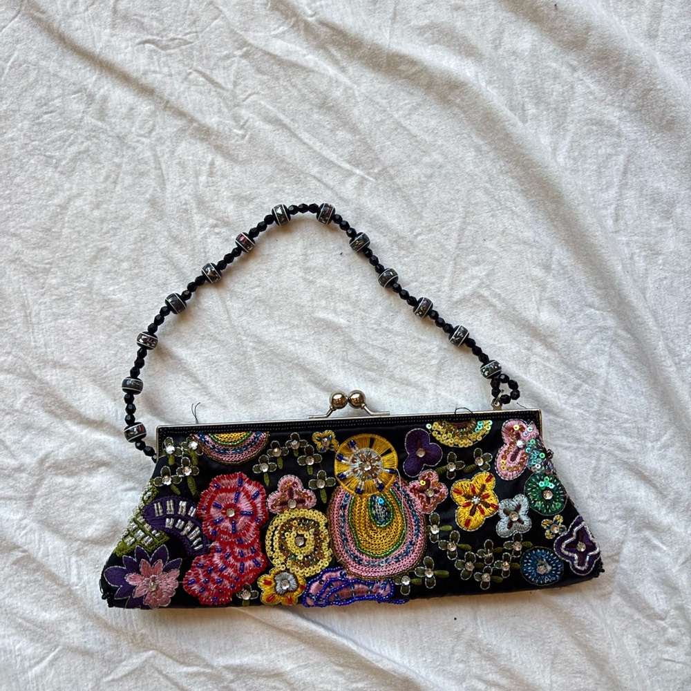 Vintage beaded sequined embellished Embroidered Floral Brown shoulder bag Clutch